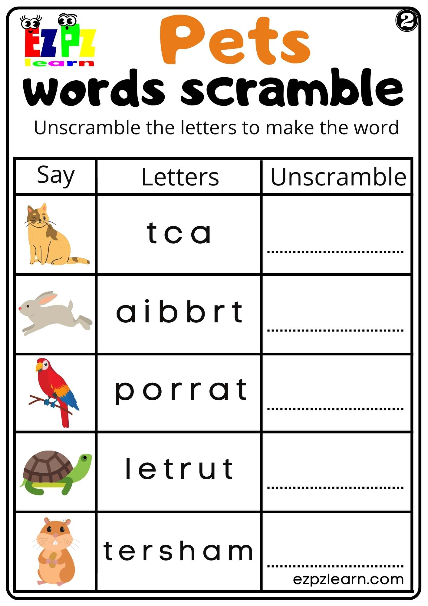 Pets Words Scramble set 2 Worksheet For Kids and ESL PDF Download